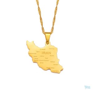Collier carte Iran en métal doré, élégant et symbolique