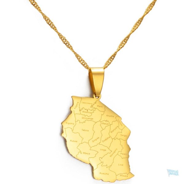 Collier carte en or représentant la Tanzanie
