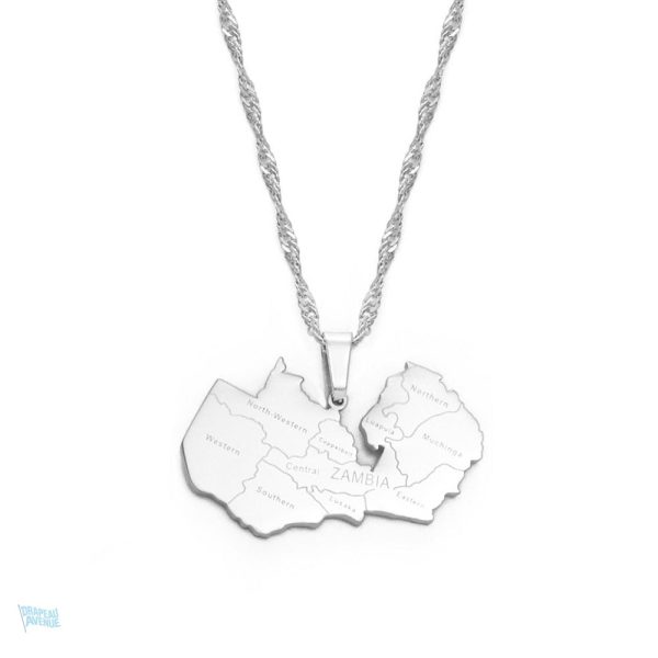 Collier argent carte Zambie, symbole patriotique élégant