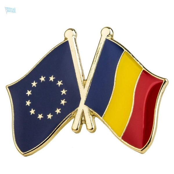 Pin's croisés drapeaux Roumanie et Union Européenne